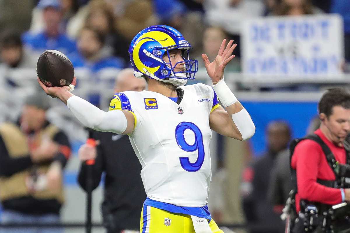 Rams quarterback Matthew Stafford during warmups before the NFC wild-card game at Ford Field on Sunday, Jan, 14, 2024.
